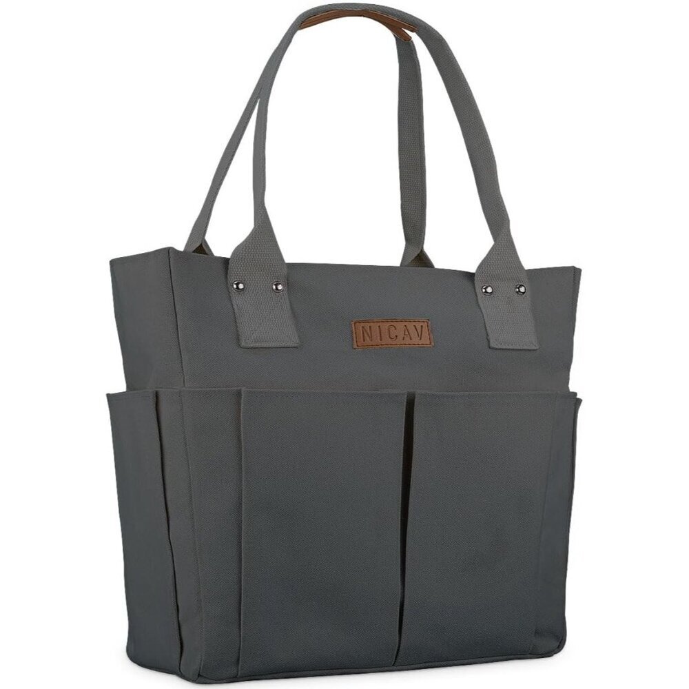 Women Grey Lattice Premium Large Utility Canvas Tote Bags with Pockets Zip Top